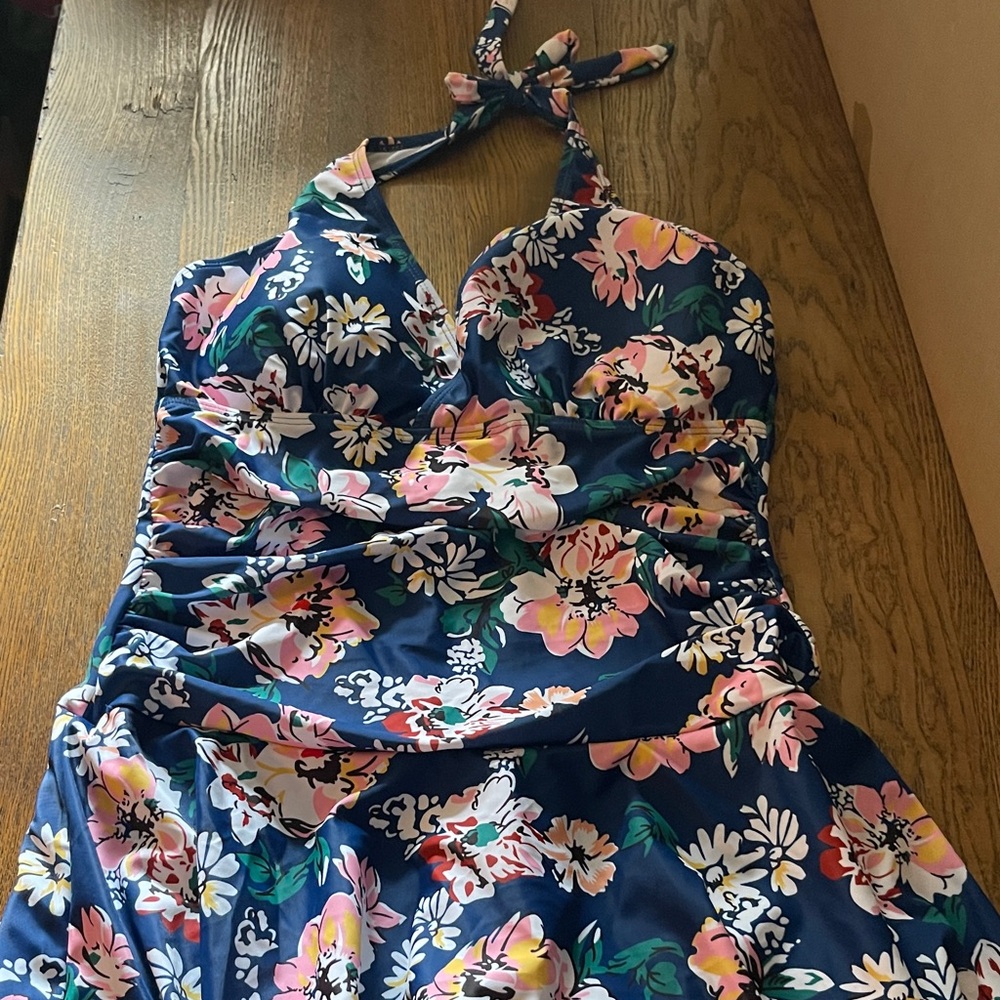 Navy Floral Halter One Piece Swimsuit Shorts Bottom Bathing Suit